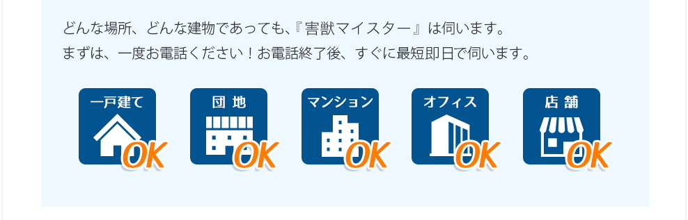 様々な害虫トラブルに対処できる様に作業車に各種機材の常備と熟練したスタッフがお伺いします。他者に断られた内容もご相談ください。