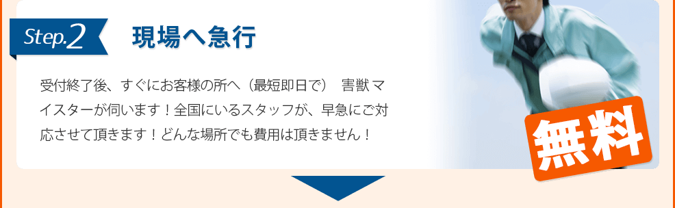 2.現場へ急行:受付終了後、すぐにお客様の所へ（最短即日で）害虫駆除マイスターが伺います！全国にいるスタッフが、早急にご対応させて頂きます！どんな場所でも費用は頂きません！